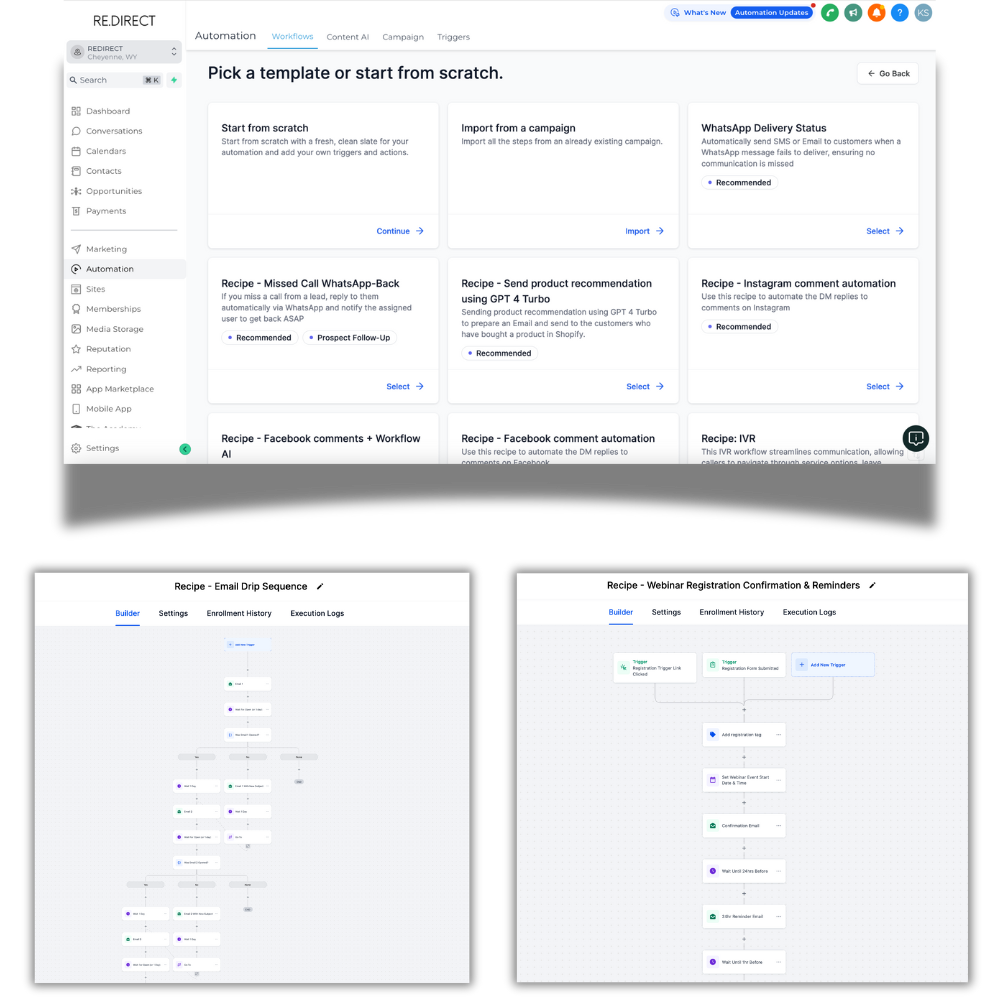 Image showcasing RE.DIRECT's automation tools: Marketing automation for nurturing leads and engaging customers. DIRECT Chat automates Instagram and Facebook DMs with template-based or custom setups. Workflows feature auto missed call text-back, product recommendations, IVR systems, email drips, lead nurturing, and appointment management.