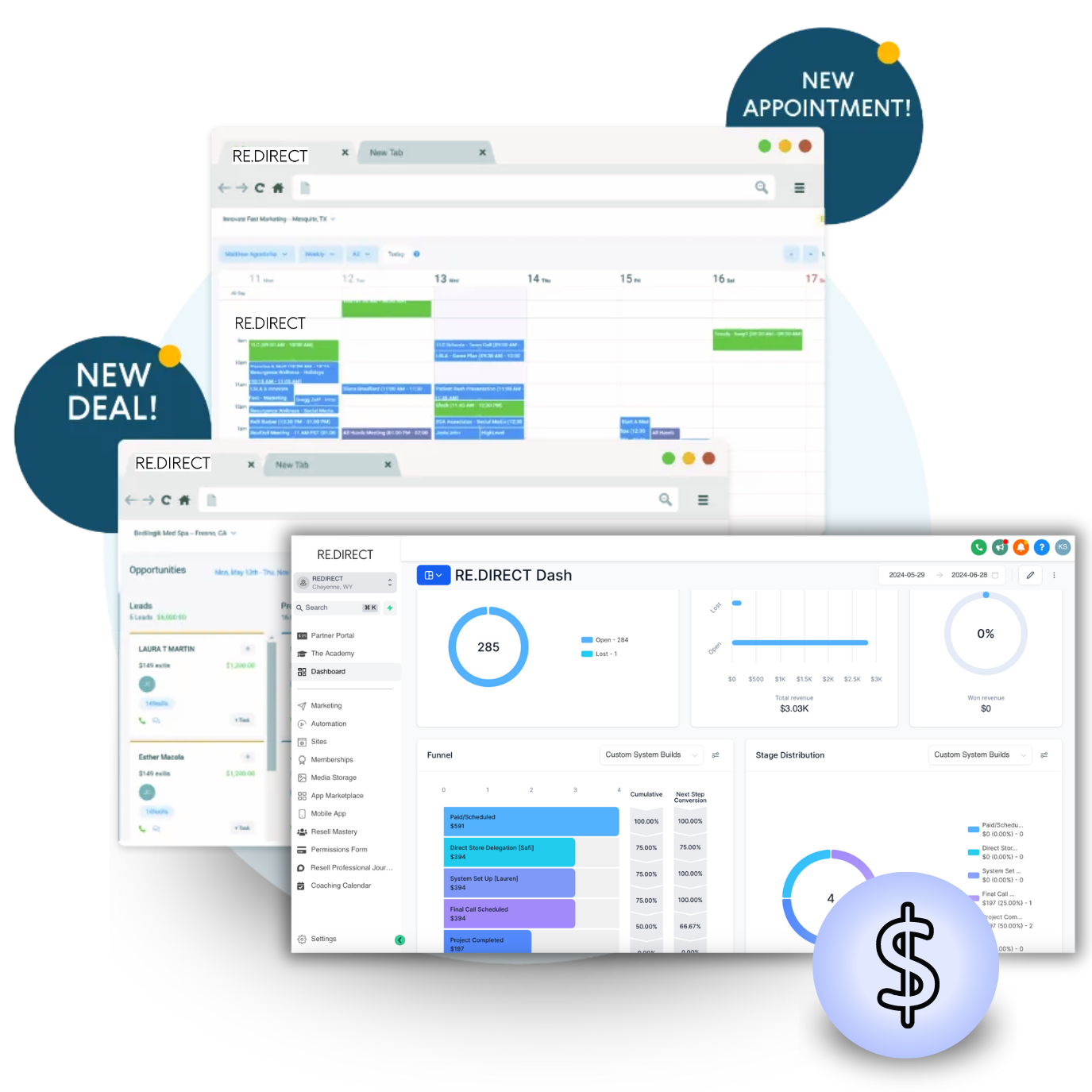 Image showcasing RE.DIRECT's business management tools: Manage workflow and pipeline with built-in Pipeline Management. Collect customer payments with Stripe and PayPal integration. Access all analytics and reports in one dashboard, tracking lead progress and revenue generation.